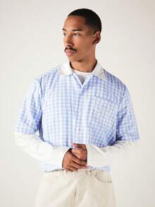SUMWON Gingham Checked Cropped Boxy Short Sleeve Button-Front Shirt With Contrast White Collar And Chest Embroidery Detail - Blue and White - View 5