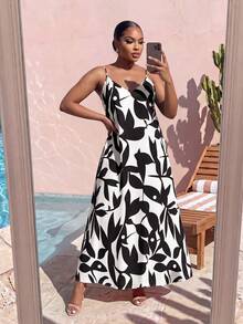 SHEIN Lady CURVE 大尺碼女款全印花休閒日常夏季旅行細肩帶洋裝 - 黑與白 - 查看 7