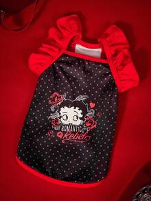 Betty Boop X PETSIN 1pc Red Polka Dot Pet Top With Ruffled Sleeves, Retro Cartoon Print, Comfortable Fit For Small Dogs And Cats, A Cute Vintage Look For Daily Wear Or Weekend Brunch Dates - Polka dot - View 1