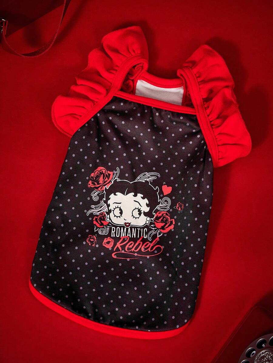 Betty Boop X PETSIN 1pc Red Polka Dot Pet Top With Ruffled Sleeves, Retro Cartoon Print, Comfortable Fit For Small Dogs And Cats, A Cute Vintage Look For Daily Wear Or Weekend Brunch Dates - Polka dot - View 1