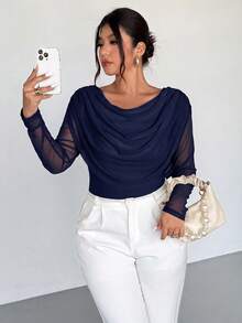 Firerie Plus Size Women Solid Color Casual Versatile Daily Wear T-Shirt Fall - Navy Blue - View 6