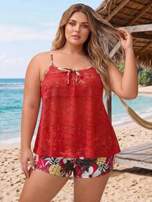 SHEIN CURVE+ Bikini Tank Wanita Ukuran Plus Musim Panas 2026 Model Longgar Jala Motif Patchwork Pinggang Tinggi dengan Celana Bikini 2 Potong - Merah - View 3