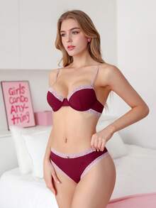 PetitDoll 女款蕾絲拼接鋼圈模杯舒適內衣套裝 2件組 - 酒紅色 - 查看 3