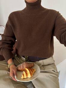 Dazy Plus Solid Color Business Casual Versatile Turtleneck Pullover Sweater, Autumn/Winter New Brown - Brown - View 6
