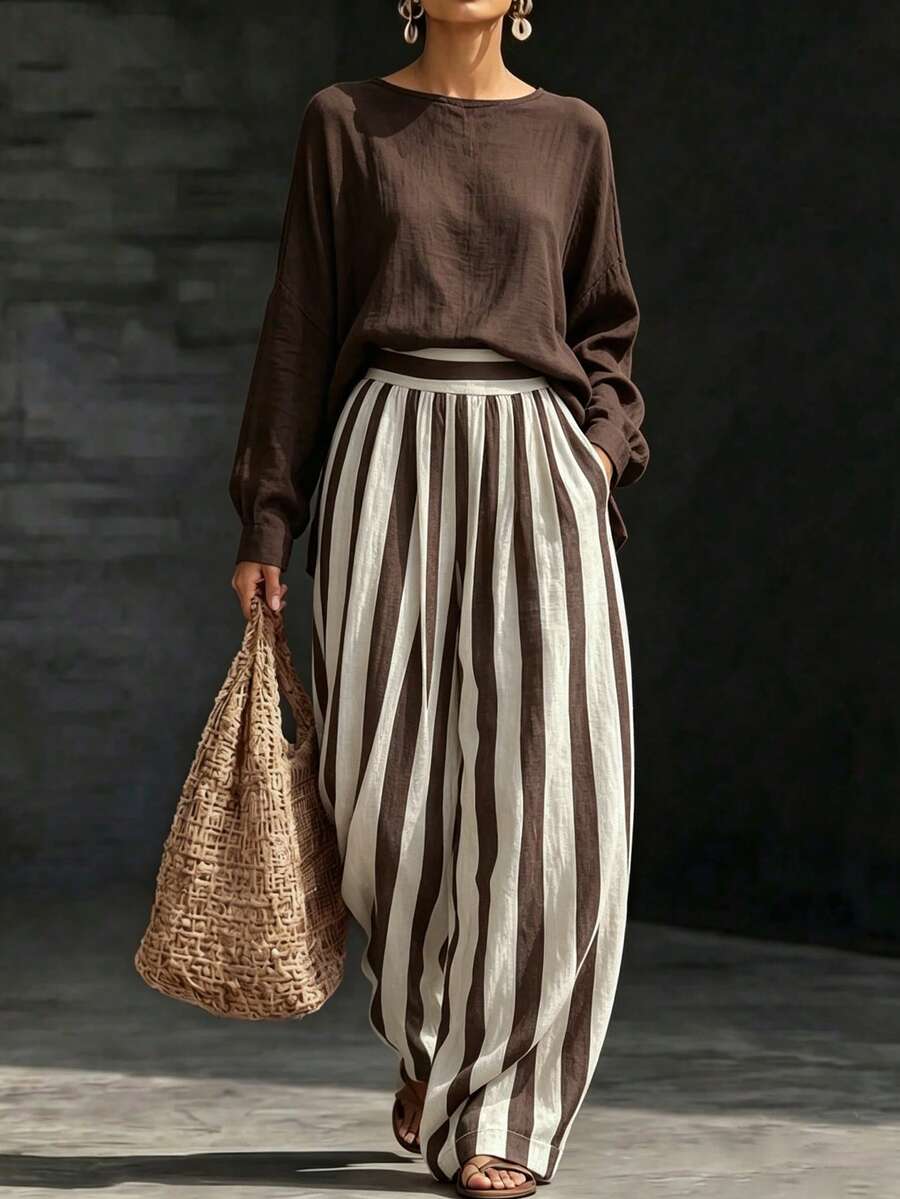 Breezaya Women's Loose Round Neck Long Sleeve Top & High Waist Brown Striped Wide Leg Pants 2 Pieces Casual Vacation Outfit - Multicolor - View 1