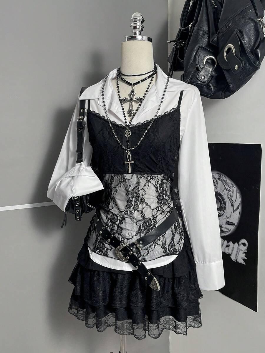 Attitoon Women's Lace Patchwork Casual Versatile Daily Wear Long Sleeve Top - Black - View 1
