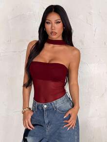 SHEIN PETITE 女款不透明掛脖露背連身衣，適合音樂節、派對與度假穿搭，亦可作為夏季時尚單品或萬聖節服裝選擇 - 酒紅色 - 查看 8