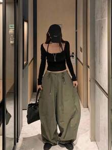 DAZY Women's Solid Color Casual Korean Style Loose Wide-Leg Pants Cute Tops - Army Green - View 3