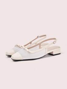CUCCOO DOLLMOD Women's Exquisite Square Toe Beige Simple Commuter Workplace Wear Low Heel Thick Heel Shoes Exposed Heel Shoes - 網/白 - 查看 6