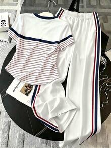 Franclia 女款夏季休閒條紋拼接T恤與長褲兩件套 - 彩色 - 查看 2