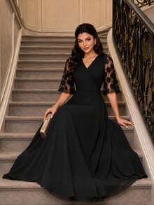 SHEIN Lady CURVE Plus Size Solid Color V-Neck Mesh Patchwork Elegant Dress Black Dress Formal Dress Elegant Dresses For Women Festival Outfits Summer - Black - View 5