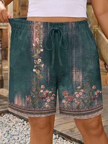 Comfylo Casual Minimalist Green Floral Print Plus Size Pants, Suitable For Spring, Summer And Autumn - Multicolor - View 3