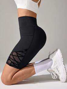 SHEIN Sports Flocked Mesh Splicing High Waist Seamless Sports Shorts - Black - View 4