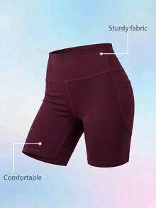SHEIN Cheerettes Celana Pendek Olahraga Wanita Ukuran Besar Warna Polos Modis dengan Kantong, Warna Merah, Lembut, Elastis, Bernapas, Menyerap Keringat, Anti-Jongkok, Pengontrol Perut, Mengangkat Bokong, Sisi Samping - Hitam - View 3