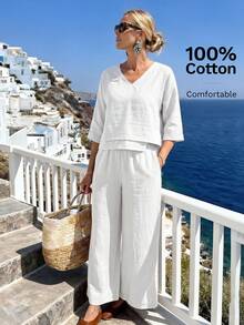Faunlyn Women's Solid Color V-Neck Top And Long Pants Casual Minimalist Tropical Daily Vacation 2 Pieces Set All White Autumn - White - View 1