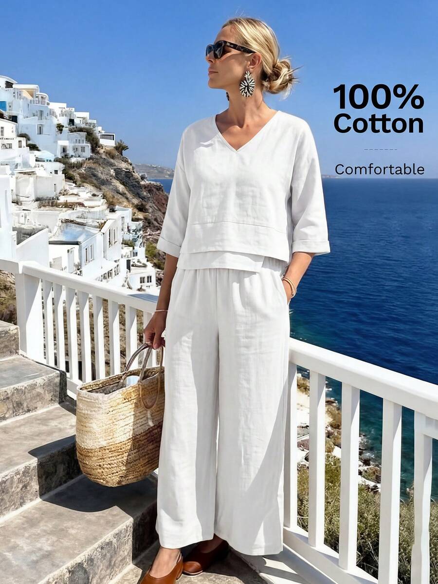 Faunlyn Women's Solid Color V-Neck Top And Long Pants Casual Minimalist Tropical Daily Vacation 2 Pieces Set All White Autumn - White - View 1