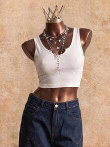SHEIN Women's White Cotton Ribbed V-Neck Cropped Vest With Small Cutouts, U-Neck Stretch Slim Fit, Versatile Style Going Out Everyday Golf Summer Sexy Basic - White - View 2