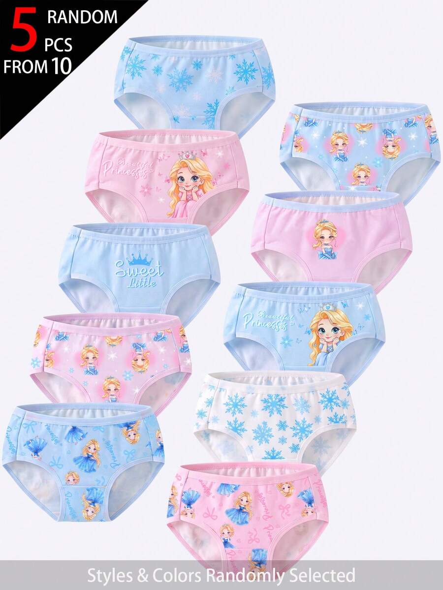 SHEIN 5件組隨機盲盒女童幼兒內褲,可愛公主印花組合系列,附蝴蝶結、雪花、黃色光芒等萌系元素,粉色、藍色、紫色、白色配色,柔軟光滑觸感,針織布料製成,高彈性內褲套裝,適合四季輕便穿著 - 彩色 - 查看 1