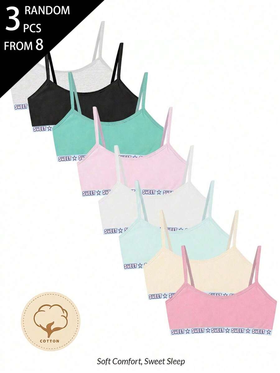 3 Random Piece Women's Teenager Multi-Color Simple Sweet LOVE Series Letter Webbing Basic Letter Contrast Color Solid Color Camisole Underwear - Multicolor - View 1