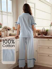 Snug Reverie Set Pakaian Santai Wanita 100% Katun Murni Warna Biru Lengan Pendek dan Celana Panjang dengan Bukaan Depan dan Pita, Desain Romantis dan Segar - Biru - View 3