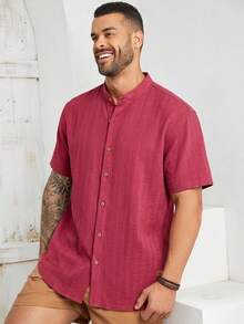 HIMLAND Mens Stylish Short Sleeve Band Collar Shirt Red Casual Summer Top
Mens Red Button Up Short Sleeve Band Collar Shirt For Everyday Wear - Burgundy - View 6