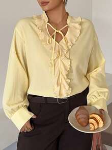 Dazy Plus Yellow Chiffon Blouse With Lace Ruffle Patchwork, Elegant Commuter Style With Tie-Up Detail, Spring/Autumn Shirt - Yellow - View 3