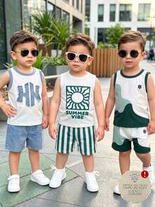 SHEIN Playful Pals 3 Set Pakaian Kasual Klasik Anak Laki-Laki Motif Denim Imitasi, Motif Matahari, Motif Patchwork Blok Warna, Atasan Tank Tanpa Lengan dan Celana Pendek Bermotif Senada, Cocok untuk Aktivitas Luar Ruangan - MultiWarna - View 4