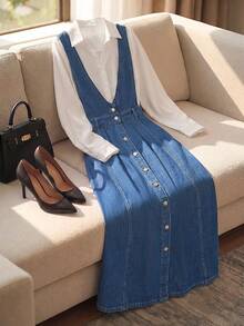 GlowEve CURVE Plus Size Women Casual 1960s Non-Stretch Denim Dress Formal Party Graduation Blue Autumn Preppy-Style Maxi Winter A-Line Front Opening - Medium Wash - View 3