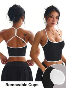 Dewbera Dewbera Women's Colorblock Back Cutout Halter Neck Sports Tank Top Gym Workout Black And White Summer Athletic Sexy - Black and White - View 1