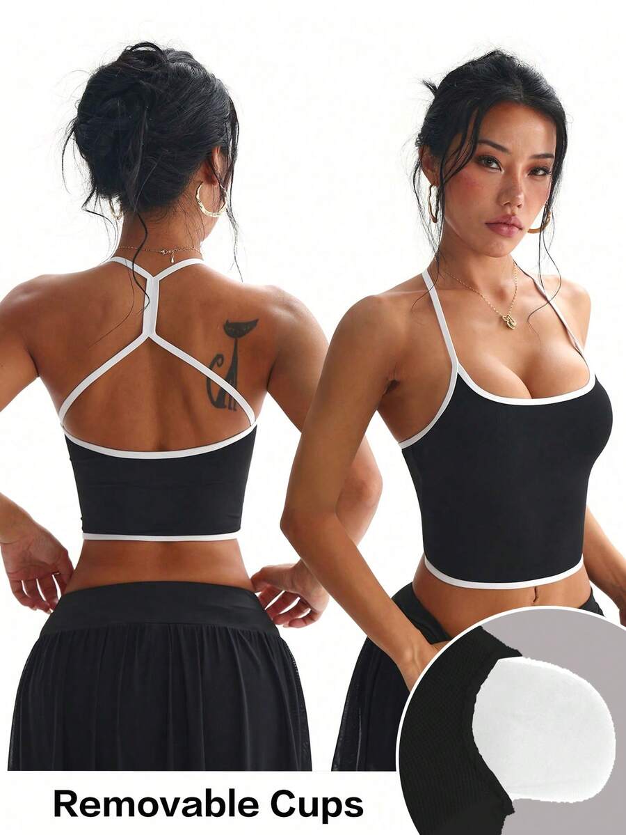 Dewbera Dewbera Women's Colorblock Back Cutout Halter Neck Sports Tank Top Gym Workout Black And White Summer Athletic Sexy - Black and White - View 1