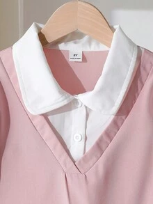 2件組 青少年女孩春秋款 白色與粉色拼色溫柔學院風 純色V領短版背心配翻領荷葉邊長袖2合1襯衫與百褶中長裙套裝，收腰A字版型，適合校園、日常出遊、生日派對、旅行拍照 - 粉色 - 查看 8