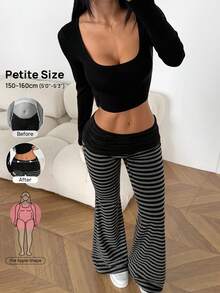 SHEIN PETITE 女款條紋拼接摺腰喇叭褲 - 彩色 - 查看 10