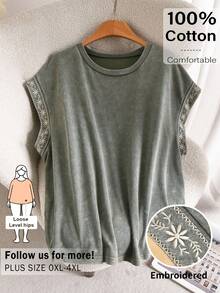 CosyJoli Plus Size Women's Round Neck Floral Embroidered Pattern Casual Versatile Daily Wear T-Shirt Casual Vacation Daily Going Out Office T-Shirt For Women - Green - View 2