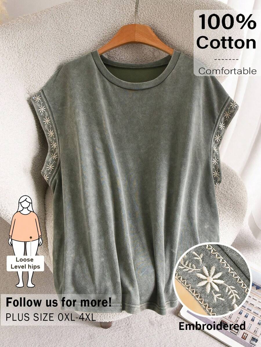 CosyJoli Plus Size Women's Round Neck Floral Embroidered Pattern Casual Versatile Daily Wear T-Shirt Casual Vacation Daily Going Out Office T-Shirt For Women