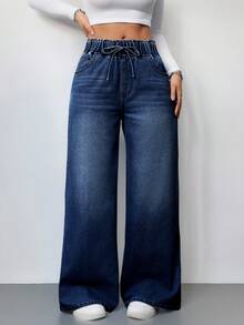 SHEIN Tall 女款時尚百搭抽繩腰口袋寬鬆寬腿牛仔褲 女牛仔裝飾藍色牛仔褲 返校季秋季穿搭 - 藍色 - 查看 5