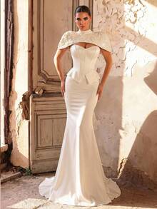 Aureia Elegant Classy Modest Glamorous White All White Satin Mermaid Wedding Formal Evening Dress Corset Sweetheart Cape Stand Collar 3D Floral Lace Fall - White - View 3