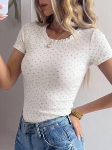 DAZY Women's Floral Print Short Sleeve T-Shirt, Fresh Korean Style, Girlish Summer - White - View 2