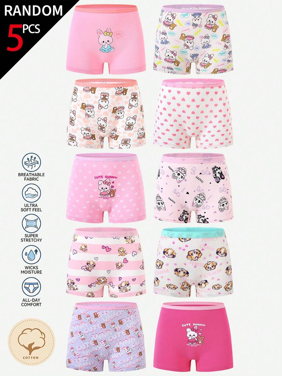 SHEIN [5 Sets Random] Girls Toddler Stylish Underwear,Soft Cotton Cartoon Rabbit Pattern Heart Graphics Striped Designs Light Pink White Purple Boxer Briefs - Multicolor - View 1