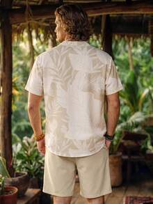 Alderstead Plus Size Men's Summer White Boho Beach Outfit,Plant Print Button-Front Shirt & Shorts Set,Resort Wear Cruise Holiday Vacation Tropical Outfits - Khaki - View 2