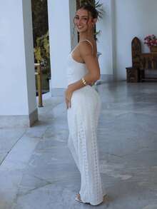 juhmazzocco Women Elastic Waist Burnt-Out Floral Embroidery Straight Leisure Pants Summer White - White - View 2