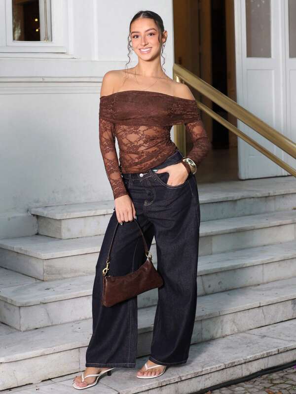 juhmazzocco Women's Seductive Sheer Lace Splicing Off Shoulder Long Sleeve T-Shirt,Elegant Slim Fit Ruched Black Tops For Autumn Night Out Daily Wear