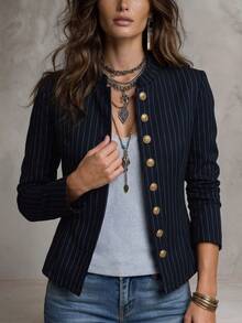 Solivie Women's Fashion Commuter Office Navy Blue Jacket, Works For Women, Autumn For Women Fall Women Clothes Women Winter Coat Jacket Elegant 70s Retro - Navy Blue - View 4