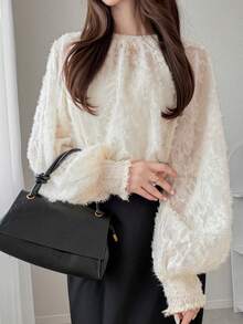 FRIFUL Women's Early Summer/Autumn New Korean Solid Color Textured Fabric Blouse Cute Tops - Apricot - View 3