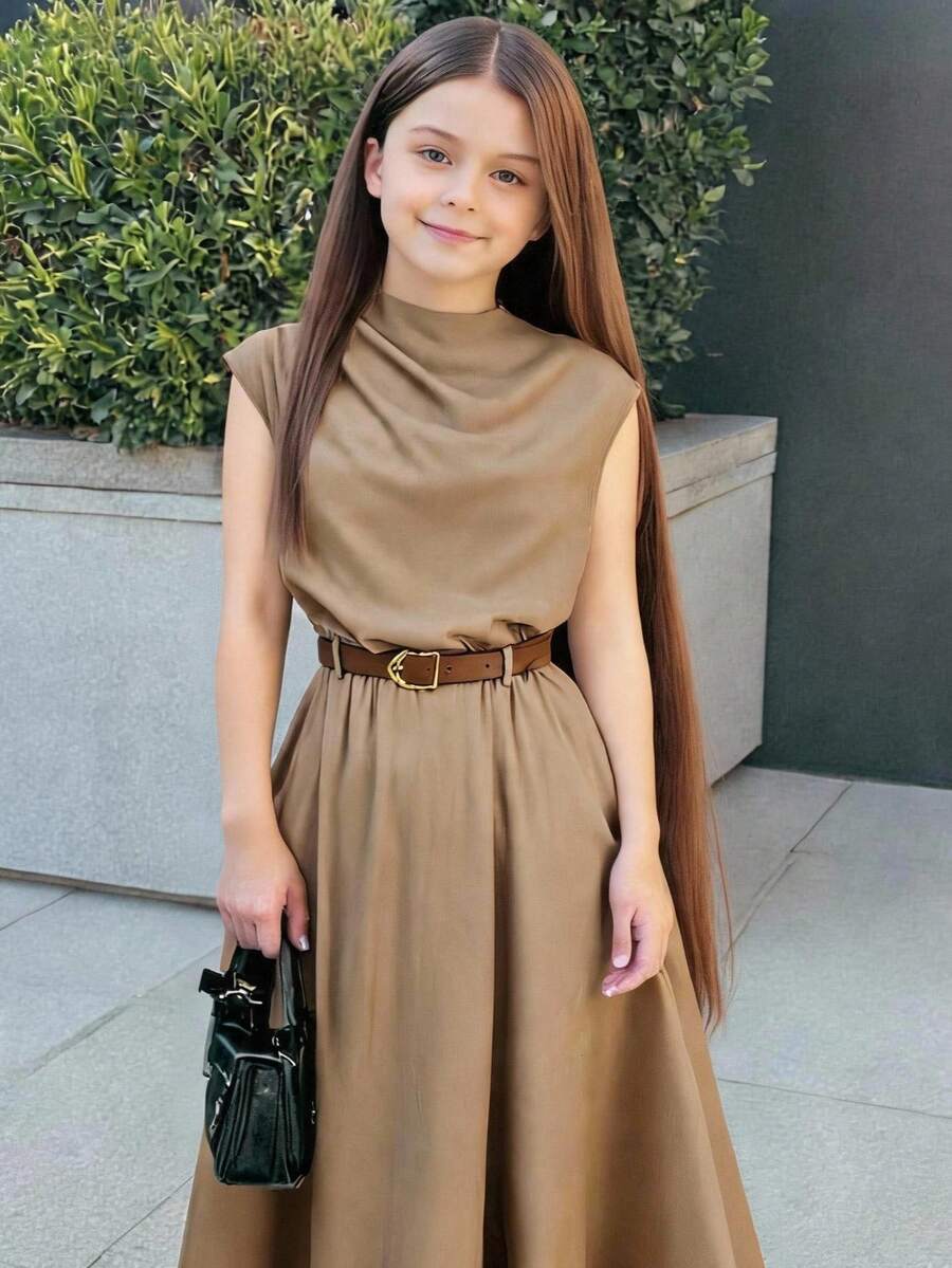 Firerie Kids NovaGlow Tween Girl Tween Girls Casual Chic Commuter Stand Collar Flounce Waist Khaki A-Line Dress - Khaki - View 1