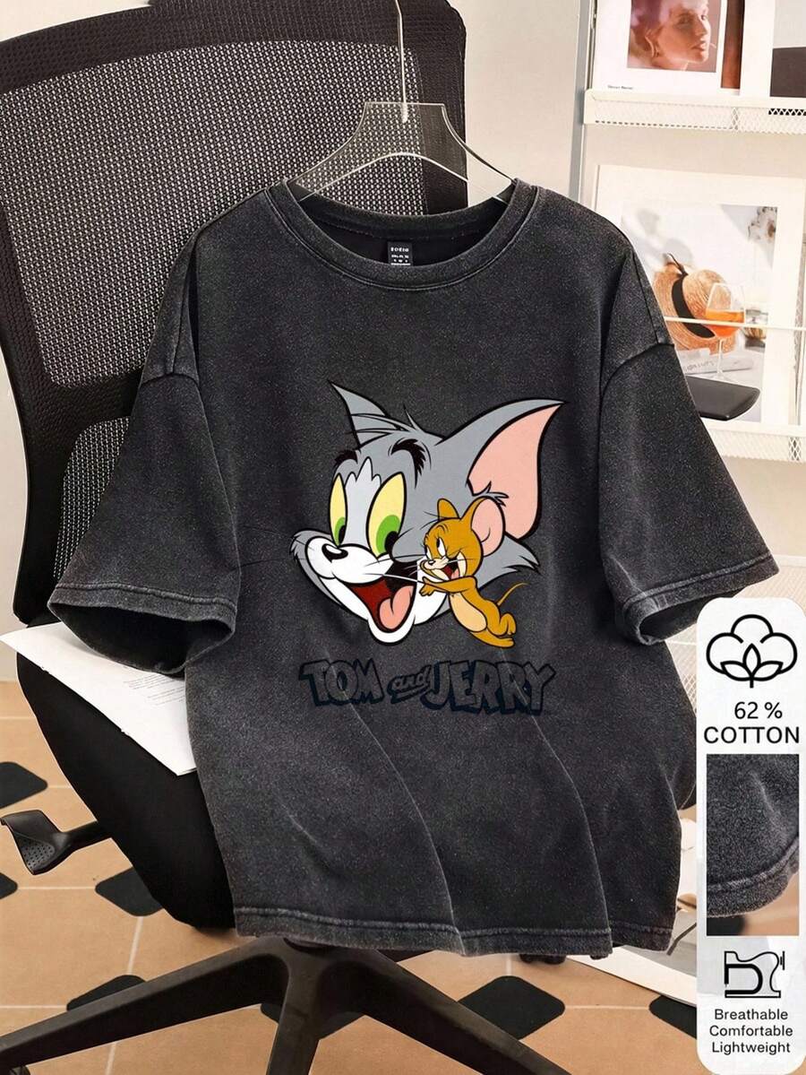 TOM & JERRY X SHEIN SHEIN EZwear 女款黑色針織雪花卡通印花寬鬆T恤,適合外出、街頭穿搭、機場、時尚、返校、Y2K、派對、海灘度假、假日 - 彩色 - 查看 1