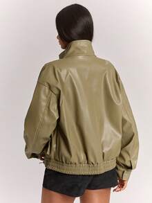 SHEIN BAE Women Olive Green Faux Leather Jacket, Stand Collar Oversized Moto Biker Coat With Utility Pockets, Casual Streetwear For Fall Winter Daily Wear - Mustard Yellow - View 2