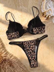 Bare Chapter 2pcs/Set Leopard Print Front Closure Seamless Padded Adjustable Bra With Romantic Racerback, Wire-Supported Lingerie Set For Women - Black - View 2