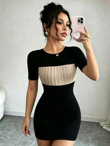 SHEIN Fashion Fitted Sexy Round Neck Textured Patchwork Short Sleeve Women's Dress - Black - View 3