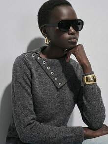 SHEIN Asymmetrical Collar Button-Up Fitted Sweater Set, Autumn/Winter Office Charcoal Gray Elegant Minimalist - Dark Grey - View 2