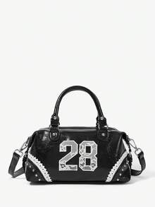 Viva Strut Ladies Bag, Spice Girl Style, Sweet Cool Girl Y2K Punk Style, Digital Embroidery Decoration, Lace Decorative Rivets, Pillow Bag, Slanted Shoulder Bag, - Black - View 2